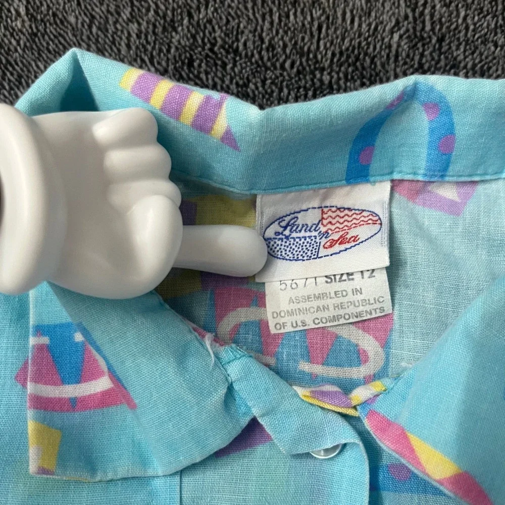 90's Vintage Land n Sea Kids Alphabet Block Print Button Down Shirt Blue Size 12